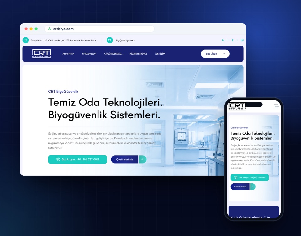 CRT Biyomedikal web sitesinin masaüstü ve mobil görünümü